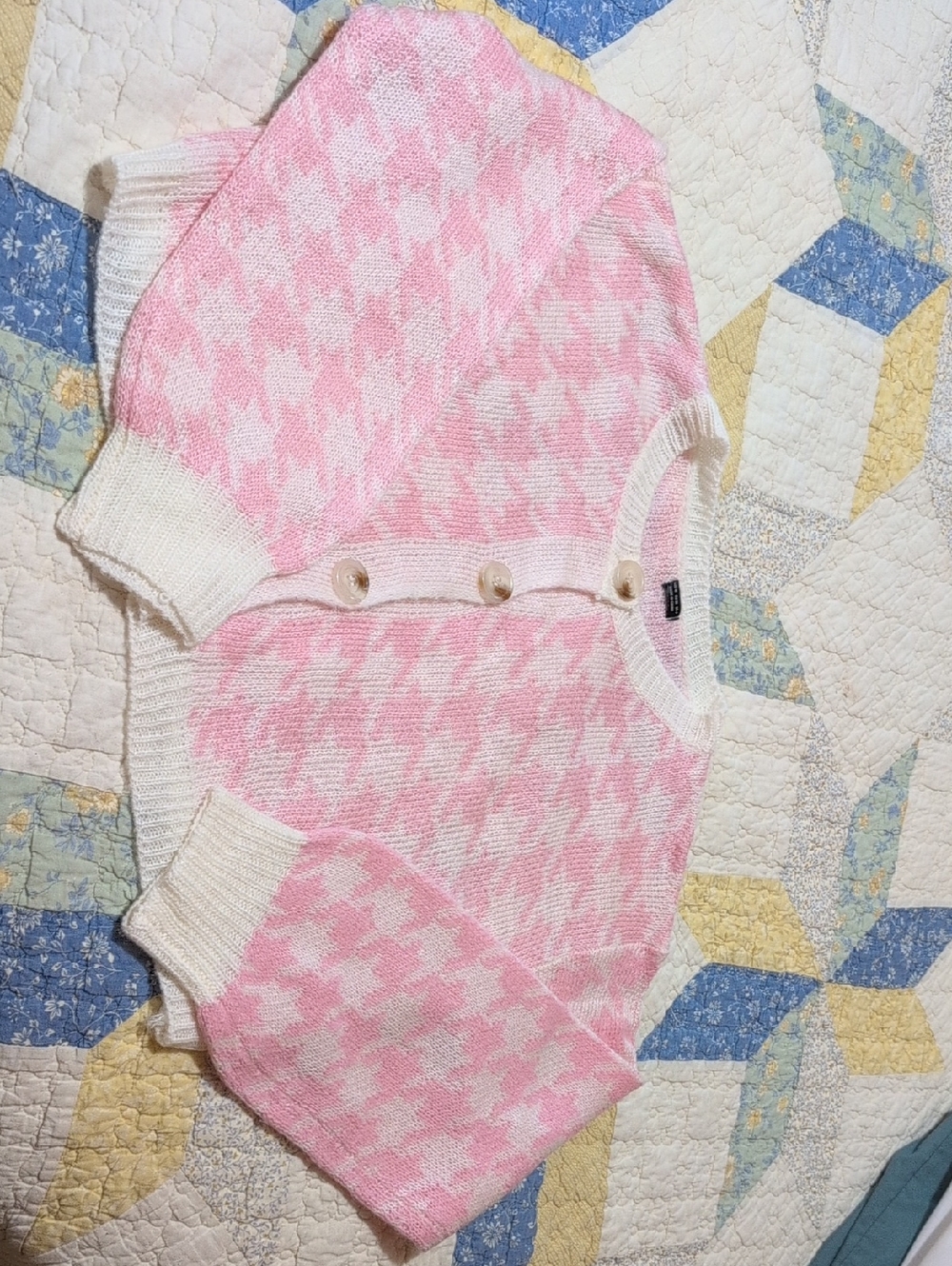 Pink Contemporary Houndstooth Print button down knit sweater Cardigan